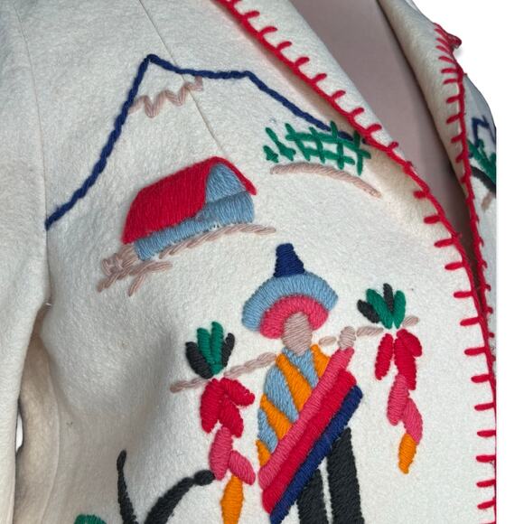 Vintage Hand Embroidered Folk Art Jacket Mexican Southwestern Wool Coat Medium - Picture 4 of 16